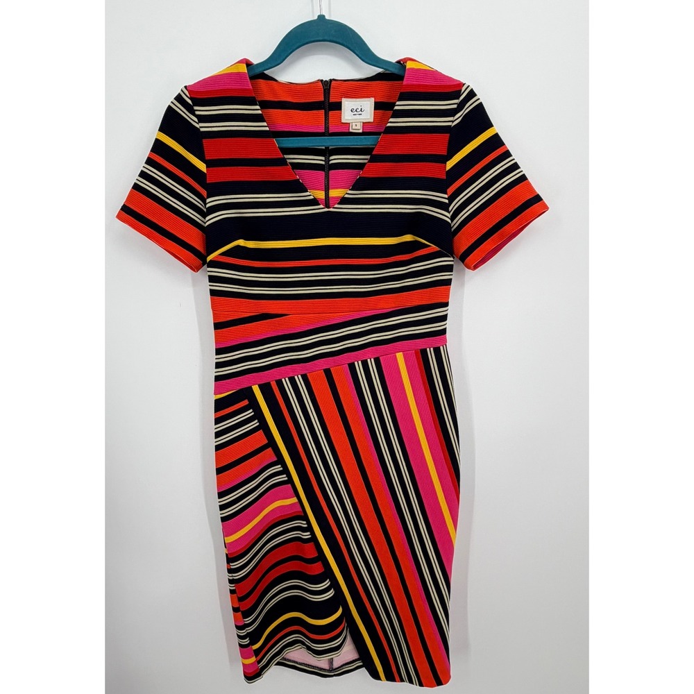 ECI New York Sheath Dress Women Size S Multicolor Striped Short Sleeve faux Wrap